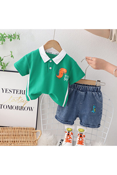 Superbaby Costumas pentru baietei cu tricou verde tip polo - Dino