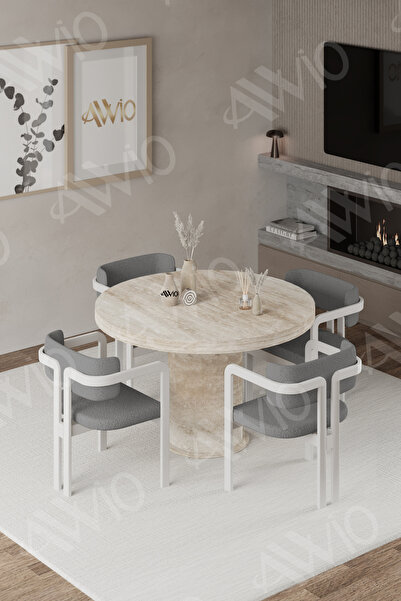 AVVİO ORİON Traverten 90X90 YUVARLAK Yemek Masası Mutfak Masası 4 Kişilik Mas...