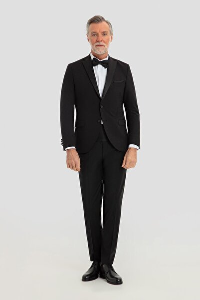 Sabri Özel Erkek Siyah Slim Fit Dar kesim Kırlangıç Yaka Damatlık Smokin