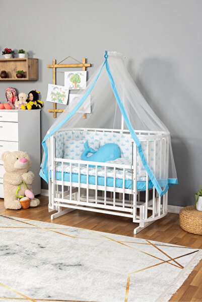 Bamgidoo Ahşap Bebek Beşik Anne Yanı Beşik Beyaz 60x120 Mavi Balina Uyku Seti...