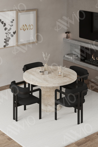 AVVİO Floyd Traverten Bohem Ayak 90x90 Yuvarlak Yemek Masası Mutfak Masası 4 ...