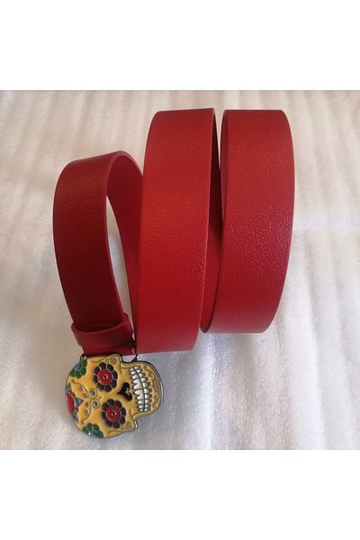 Butik Tülin Unisex Authentic Genuine Cowhide Red Enamel Multicolor Floral Skull Cowboy Buckle Belt