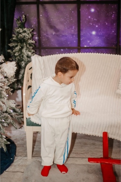 Superbaby Ivory velvet tracksuit for boys - Blue stripes