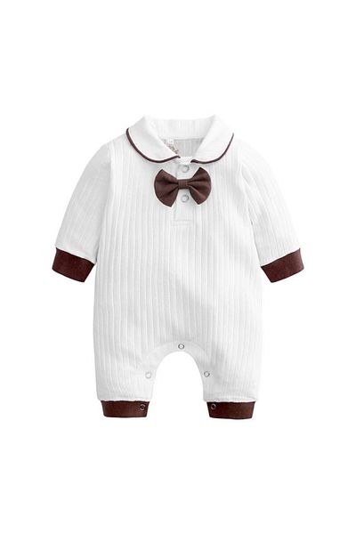 Superbaby White jumpsuit with brown bow tie