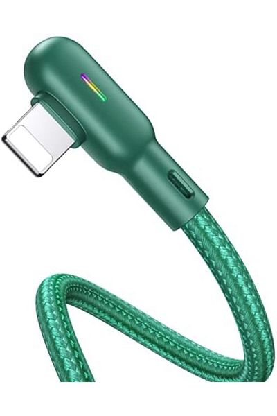 Usams Double Right Angle Lightning Cable by USAMS with Colored Light, 1.2m Reusable Dual Connector (Green)