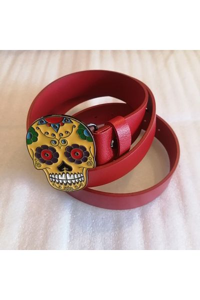 Butik Tülin Unisex Authentic Genuine Cowhide Red Enamel Multicolor Floral Skull Cowboy Buckle Belt