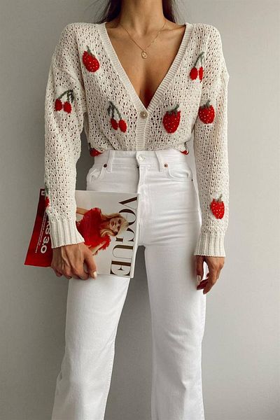 disponible Ecru Cherry Strawberry Patterned Women's Summer Openwork Cardigan