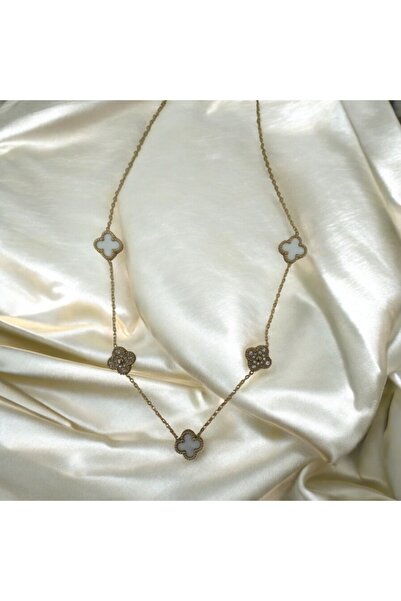 Mojo Jewellery Yonca Model Beyaz ve Taşlı Altın Kaplama Çelik Kolye