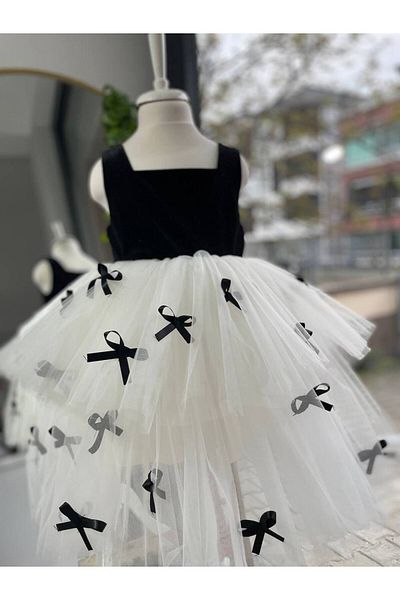 Sare Çocuk Giyim Princess Girl's Black Bow Detailed Velvet Cream Tutu Design Dress + Buckle