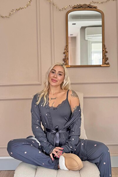 Pijamaevi Antracitový slunečný vzorovaný bambusový župan dámský pyžamový set