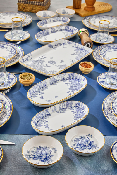 Mabeyn 33 Parça Seramik Pasta Çay Sunum Tabağı Seti Kahvaltı Seti Spring Beyaz Gold