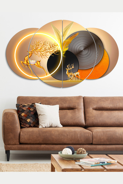 Evinemoda Gold Geyik Geometrik Desenler 4 Parça Mdf Tablo