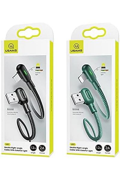 Usams Double Right Angle Lightning Cable by USAMS with Colored Light, 1.2m Reusable Dual Connector (Green)