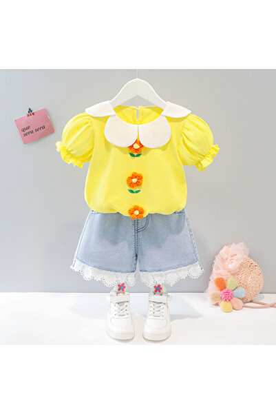 Superbaby Costumas cu bluzita galbena si pantalonasi din blugi - Floricele