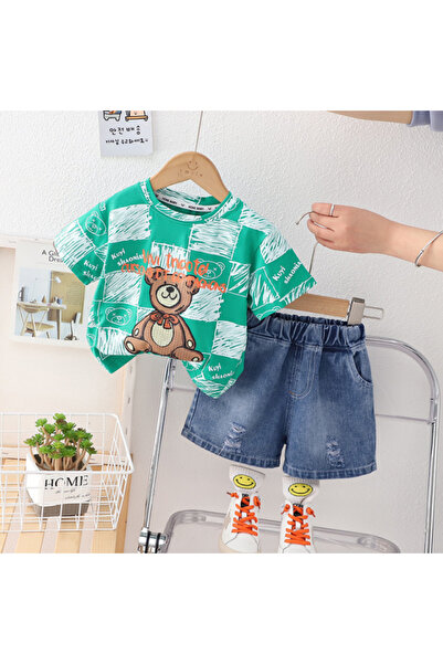Superbaby Costumas cu tricou verde si blugi pentru baietei - Bear