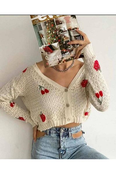 disponible Ecru Cherry Strawberry Patterned Women's Summer Openwork Cardigan