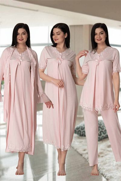 BLACKMORE Women's Pink Lace Design Full Length Nightgown-Dressing Gown & Sleepwear Suit 4-Piece Set