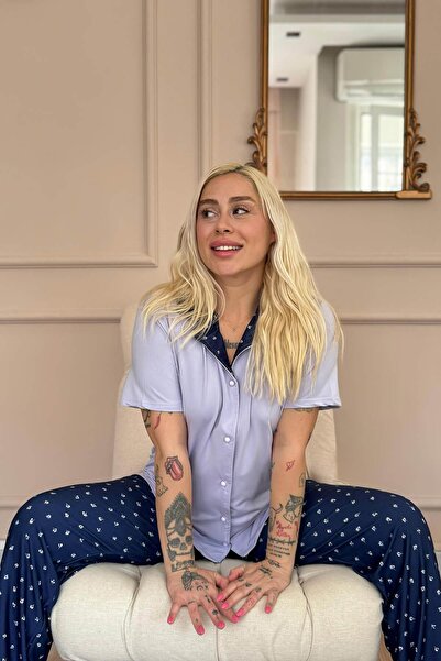 Pijamaevi Lila Minifloral Exclusive Önden Düğmeli Kadın Pijama Takımı
