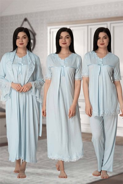 BLACKMORE Set de 4 cămașă de noapte și rochie de noapte pentru femei, cu design albastru din dantelă