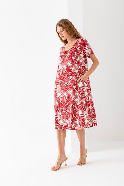 EtkiModa Women's Red and White Gathered Collar Side Pocket Viscose Combed Cotton Dress