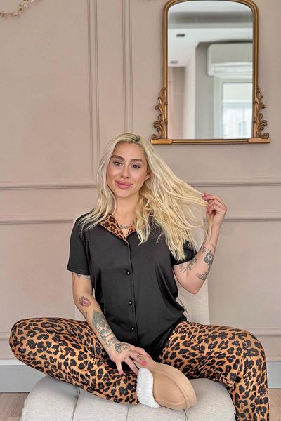Pijamaevi Black Leopard Luxe Exclusive Front Buttoned Women's Pajama Set