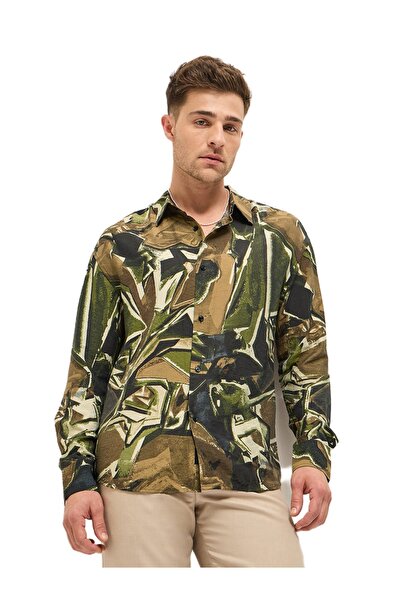 The Bear House قميص رجالي مريح بطباعة أوراق الشجر المجردة متعددة الألوان، منا...