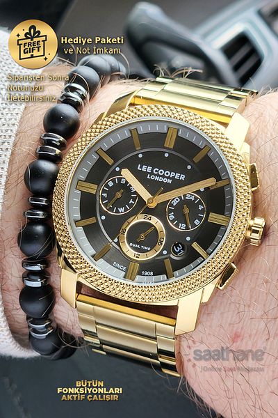Lee Cooper Original Lee Cooper Gray Dial Gold Gold Steel Band Function Men's Wristwatch with Calendar