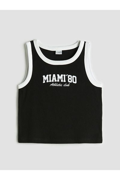 LC Waikiki Lcw Kids Black Crew Neck Miami Printed Girls Crop Tank Top