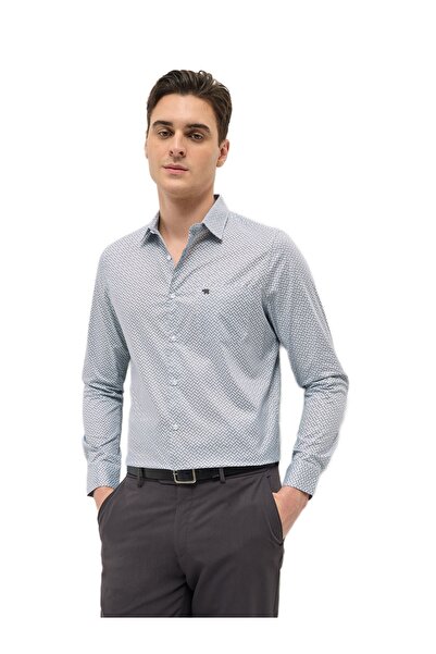 The Bear House Men's Light Blue Geometric Printed Tailored Fit Formal Shirt f...