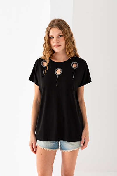 EtkiModa Bluză de damă din bumbac pieptănat din viscoză cu guler negru cu det...