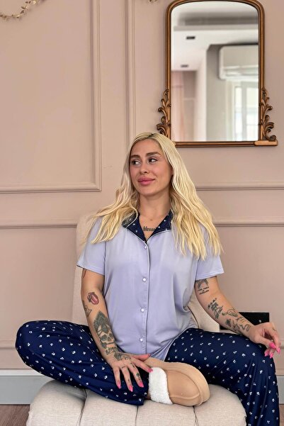 Pijamaevi Lila Minifloral Exclusive Önden Düğmeli Kadın Pijama Takımı
