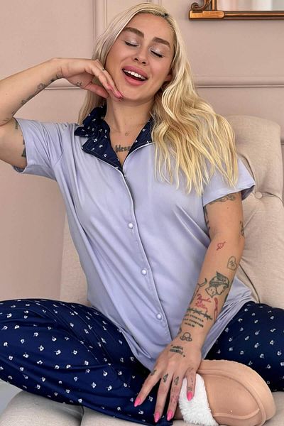 Pijamaevi Lilac Minifloral Exclusive Front Buttoned Women's Pajama Set