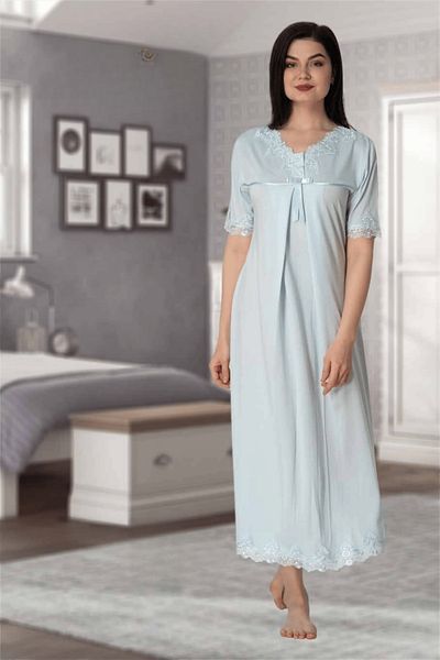 BLACKMORE Set de 2 cămăși de noapte pentru maternitate pentru maternitate, din bumbac, cu design albastru, din dantelă