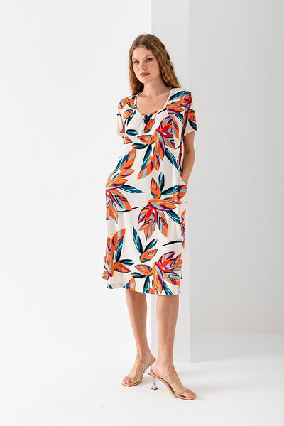 EtkiModa Women's Orange White Shirred Collar Side Pocket Viscose Combed Cotton Dress