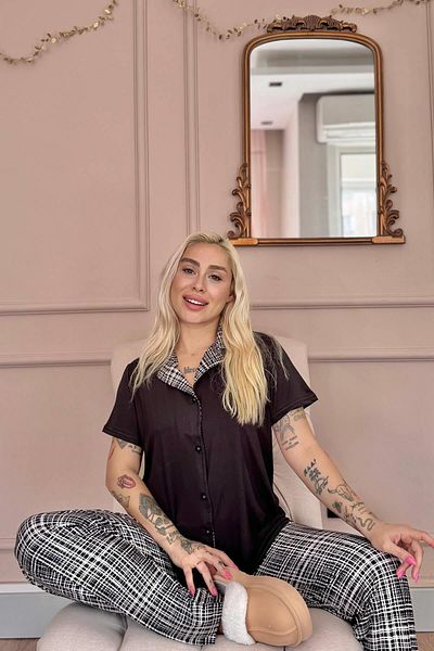 Pijamaevi Black Grid Exclusive Front Buttoned Women's Pajama Set