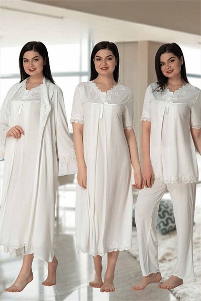BLACKMORE Women's Ecru Lace Design Full Length Nightgown-Dressing Gown and Pajama Set Set of 4