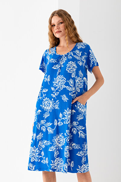 EtkiModa Rochie de damă, albastru, alb, cu guler, din bumbac pieptănat, cu buzunare laterale