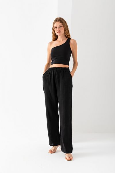 EtkiModa Women's 100% Cotton Black Wide Leg Muslin Trousers