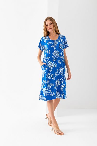 EtkiModa Γυναικείο φόρεμα από βαμβακερό χτενισμένο βισκόζη με μπλε και λευκό γιακά με τσέπες στο πλάι