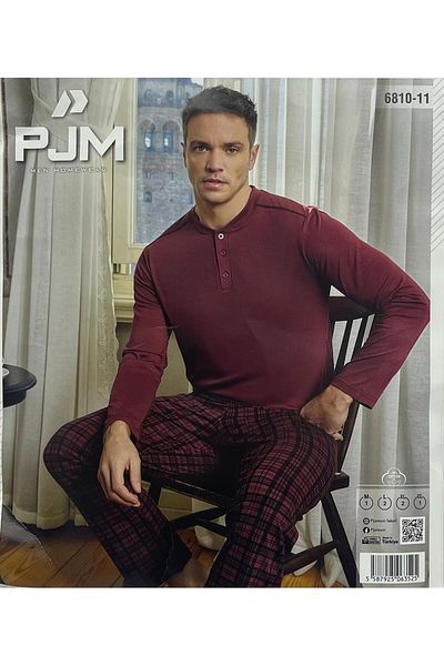 Pijaman Long Sleeve Burgundy Men's Breathable Fabric Pajama Set