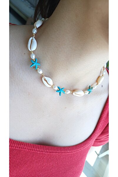 Jewerly Sea Shell , Blue Star ,White Pearl Necklace