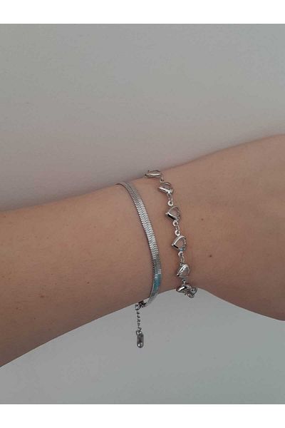 bijoux uniques Set of 2 Heart Italian Chain Steel Bracelets