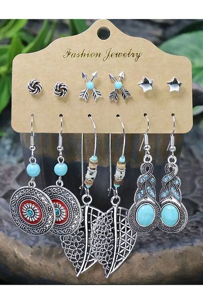 Silver Bohemian Ethnic Style Women's Fashionable Drooping Earrings and Nails Set, Multi-Piece Set in Silver Color