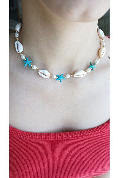 Jewerly Sea Shell , Blue Star ,White Pearl Necklace