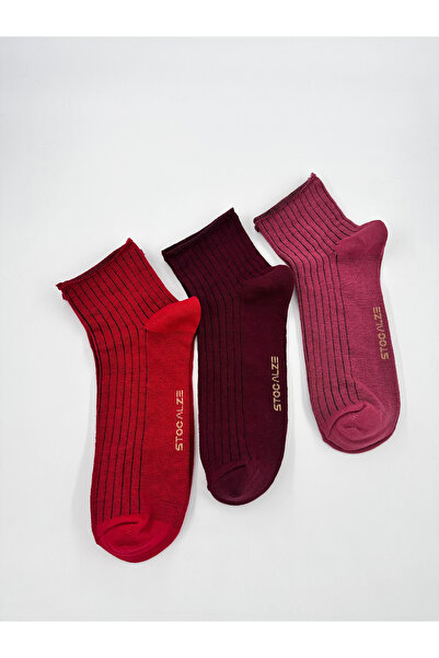 STOCALZE Cotton Women's Short Elasticless Socks. Claret Red 3 Colored 6-Piece Boxed Socks Set