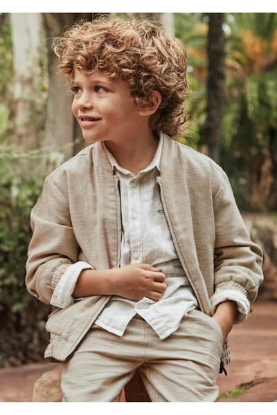 MAYORAL Beige Linen Jacket with Zipper Elastic Waist & Cuffs