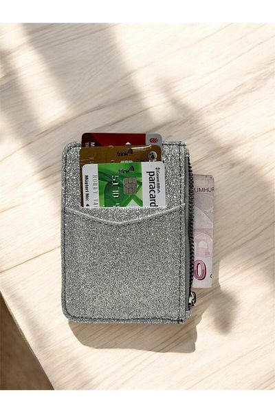 zauram Shiny Glitter Zippered Silver Card Holder Wallet