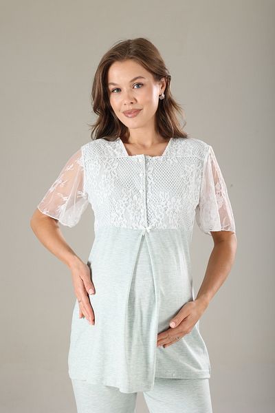 Lohussa Green Melange Soft Textured Lacy Summer Cotton Maternity Maternity Dressing Gown Pajama Set Set of 3