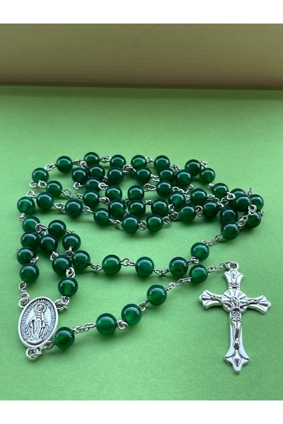 Yada Unique 6 mm Doğal Yeşil Akik Katolik Hrıstiyan Rosary Tesbih /Haç Kolye