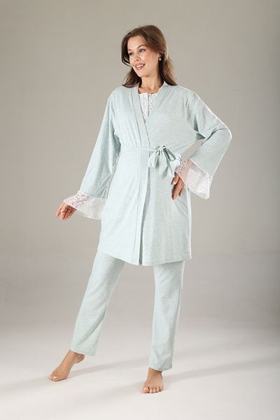 Lohussa Green Melange Soft Textured Lacy Summer Cotton Maternity Maternity Dressing Gown Pajama Set Set of 3